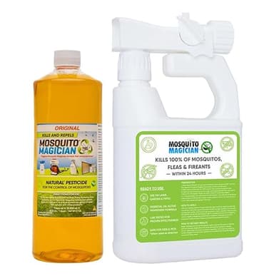 Mosquito Magician Hose Sprayer with 32 Oz Liquid Concentrate - Refillable - for Mosquitoes, Fleas, and Fire Ants - for Yards, Lawns, Patios - with Essential Oils