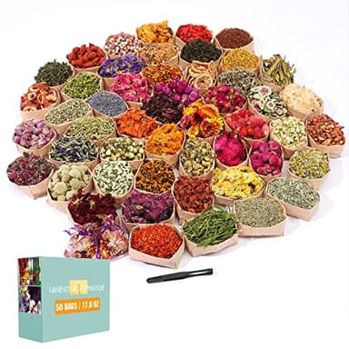SACATR Dried Flowers, 50 Bags 100% Natural Dried Herbs Kit for Soap Making, Candle, Resin Jewelry Making, Bath, Nail - Include Rose Petals, Rosebuds, Lilium, Jasmine, Don't Forget Me and More