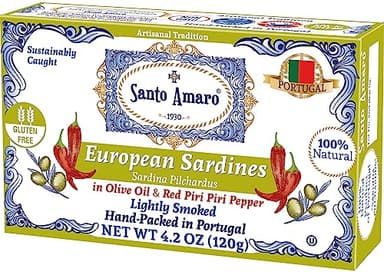 Santo Amaro - Authentic European Sardines in Olive Oil & Red Piri Piri Pepper, Hand-Packed Canned Sardines in Spicy Olive Oil, Wild Caught Portuguese Sardines, Lightly Smoked, 20g Protein, Pack of 3