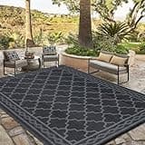 IMINROME Waterproof Outdoor Rug 9x18 Reversible Mats Geometric Rug Plastic Straw Outdoor Patio Rug for RV Camping Picnic Reversible Lightweight Plastic Straw Outside Rug, Black/Grey