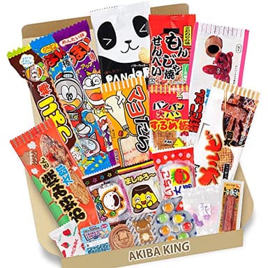 Trial Japanese Dagashi 20pcs Box 20pcs Umaibo Snack Gummy potato Chip Kitty chocolate w/ AKIBA KING Sticker