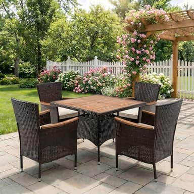 Green4ever Outdoor Patio Table and Chairs Sets with Removable Washable Cushions, Outdoor Patio Furniture Set with Acacia Wood Tabletop, 5-Pieces Outdoor Dining Set for Deck, Garden, Backyard, Brown