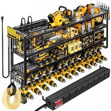 POKIPO 49.5" W Large Power Tool Organizer Wall Mount with Charging Station, 4 Tier Heavy Duty 12 Cordless Drills Holder Load 800 lb, Tool Battery Storage Rack Built in 8 Outlet Power Strip for Garage