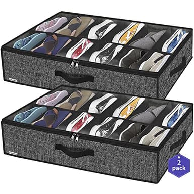 Onlyeasy Sturdy Under Bed Shoe Storage Organizer, Set of 2, Fit 12 to 24 Pairs, Underbed Shoes Closet Storage Solution with Clear Window, Breathable, L29.3 x W23.6 x H5.9, Linen-like Black, MXAUBSB2P