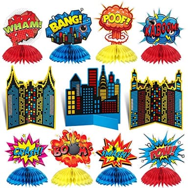 Funrous 11 Pieces Hero Party Decoration Hero Honeycomb Centerpieces 3D Table Topper Paper Large Word Centerpieces Fun Action Sign Standing Card for Birthday Baby Shower Decor Supplies(Classic)
