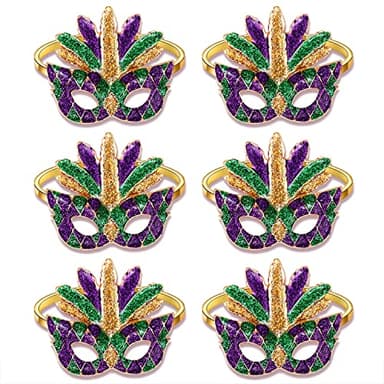 6PCS Mardi Gras Napkin Rings, Glitter Mask Fleur De Lis Napkin Ring for Table Setting, Fat Tuesday Napkin Holder Rings Masquerade Party Serviette Buckles Table Decor (Mardi Gras 2)
