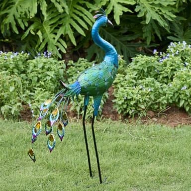 Metal Peacock Statue Yard Decor - Large Iron Peacock 34", Standing Bird Garden Sculptures, Metal Birds Yard Art Outdoor Statues, Outdoor Backyard Decor, Patio, Porch, Lawn Ornament Garden Decoration