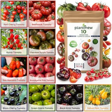 PLANTMEW 10 Heirloom Tomato Seed Varieties Packet - Non-GMO, Open Pollinated Seeds for Planting Home Garden - Beefsteak, Roma, San Marzano, Cherokee Purple, Cherry Tomatoes & More
