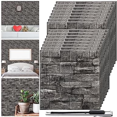 Colarr 60 Pcs 58 Sq ft 3D Wall Panels Peel and Stick Faux Foam 3D Brick Wallpaper Faux Paneling Adhesive Wall Covering Panels Decorative Medieval Tiles Waterproof for Bedroom(Black Stone Color)