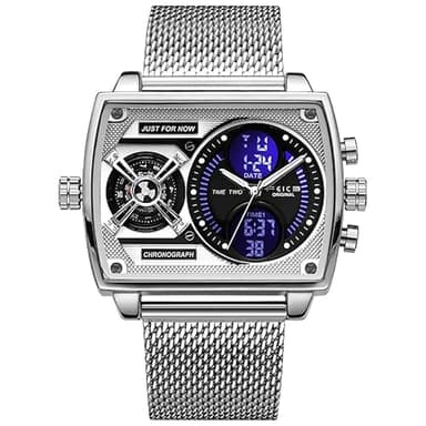 FEICE Mens Square Qaurtz Watches-Big Face Two Time Zone, Waterproof Chronograph, Alarm, Date, Stainless Steel Band Digital Analog Watch for Men(Silver)