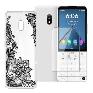 Ikiiqii for Duoqin F22 Pro (3.54") Phone Case + Tempered Glass, Shockproof Cover Bumper Shell Soft Silicone Anti-Scratch Clear Case + 9H Hardness Screen Protector - Black Flower Pattern