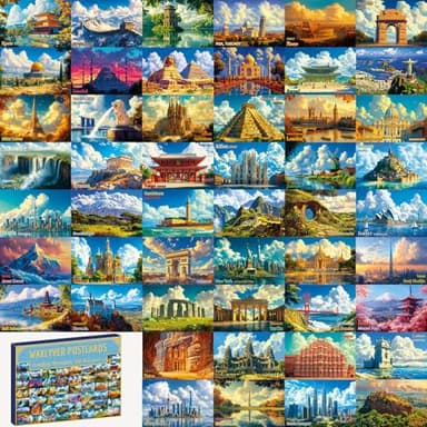 WAKLYVER 50 Illustrated Around the World Landmark Postcards – Retro Travel Poster Style 6x4 Postcard Set for Wall Display, Mailing, Collecting, and Gifting
