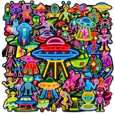 50pcs Cool Neon Alien Sticker Packs, Prizes for Kids Classroom Reward, Waterproof Vinyl Alien Stickers for Water Bottles Laptop Skateboard Scrapbooking Journaling Notesbook Luggage etc