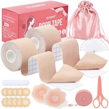 TEAWOO Boob Tape Kit - BoobTape for Breast Lift, 2 Body Tape, 4 PCs Silicone Breast Petals, 20 PCs Satin Nipple Stickers, 36 PCs Double Sided Tape, Boobtape for A-G (Crème)