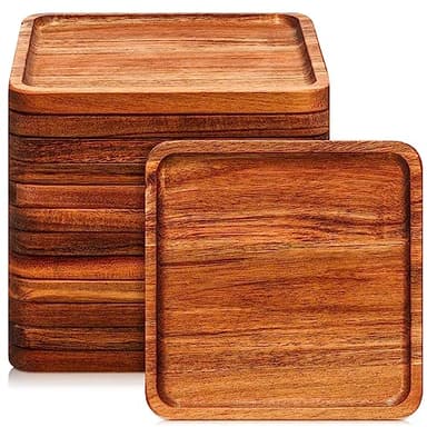 Roshtia 12 Pcs Wooden Plates Square Acacia Wood Charcuterie Board Wedding Dinner Serving Tray Charger Appetizer Kitchen Platter Cheese Steak Tableware Gift for Snack Dessert Salad Fruit (8 Inch)