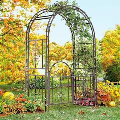 Plow & Hearth Arch Metal Outdoor Garden Arbor Double Gate | Montebello | 7 Feet Tall | Gunmetal Black | Steel Iron Trellis Lattice Climbing Plants & Heavy Vines