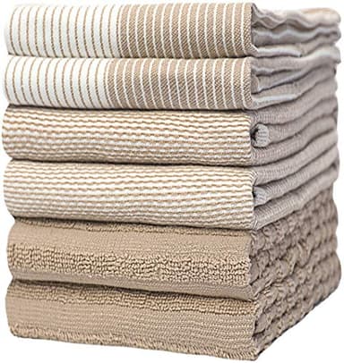 Premium Kitchen Towels (20”x 28”, 6 Pack) | Large Cotton Dish Towels | Flat & Terry Highly Absorbent Kitchen Linen Set with Hanging Loop | Tan