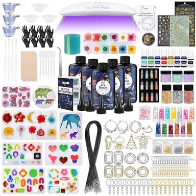 KISREL UV Resin Jewelry Making Kit - 500g Crystal Clear UV Resin, Large Light with 22 Beads and Jewelry Molds, Fast Curing for Keychains, Earring Making, DIY Craft Decorations