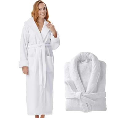 KAHAF COLLECTION Cotton Terry Robes for Women and Men, Lightweight Terry Shawl Collar Bathrobe, Full Length - UNISEX Men & Women Spa Robe (Cotton, White)