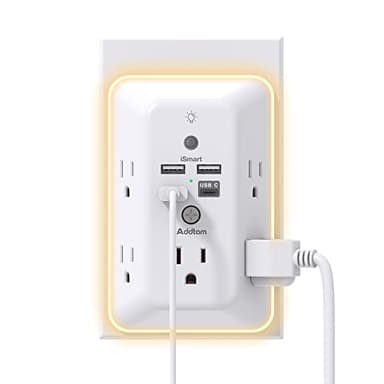 Addtam Surge Protector Outlet Extender, Plug Extension Outlet with Night Light, 5-Outlet Splitter and 4 USB Ports(1 USB C), Multi Plug Wall Outlet for Home Office Dorm Room Essentials