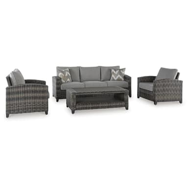 Signature Design by Ashley Oasis Court Casual Weather Resistant Cushioned Outdoor Sofa/Chairs/Table Set with 2 Throw Pillows, Set of 4,Nuvella Weather Resistant Fabric, Gray