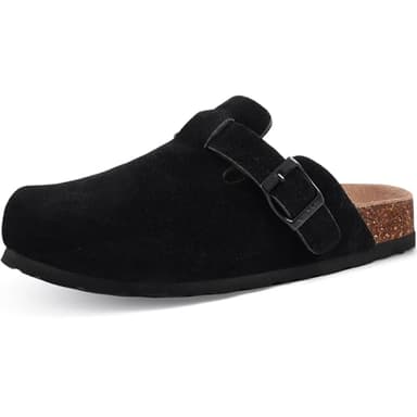 KIDMI Unisex Vegan Suede Clogs Leather Mules Womens Mens Cork Footbed Potato Shoes with Arch Support, Vegan Suede Black, Size 44
