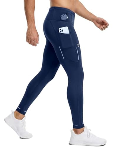Clbort Men's Running Tights with 6 Pockets Workout Compression Running Pants for Men Reflective Leggings for Athletic Cycling Blue
