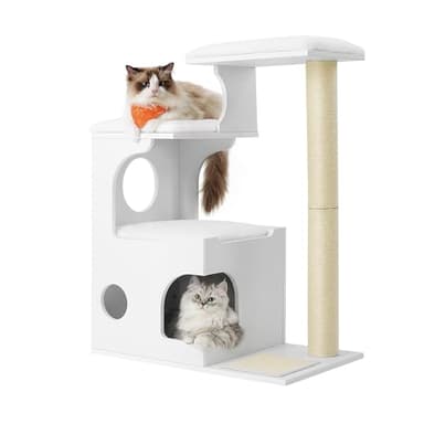 Feandrea WoodyWonders Cat Tree, 33.8-Inch Modern Cat Tower, Cat Condo with 3 Perches, Scratching Post and Mat, Cave, 4 Removable Washable Cushions, Cloud White UPCT070W01