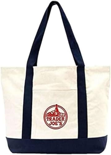 EXZMA Trader Joes Large Tote Shopping Bag Cotton Canvas Embroidered Bag (1), Navy Blue