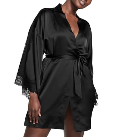 Victoria's Secret Luxe Satin Jacquard Lace Inset Robe, Short Bathrobe, Silk Kimono Lingerie, Nightwear, Women's Sleepwear, Black (XL/XXL)