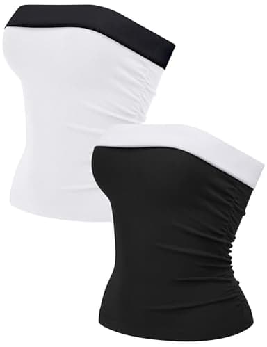 OLCHEE Womens 2PK Tube Tops Off Shoulder Seamless Ribbed Strapless Sleeveless Side Ruched Slim Fitted Summer Going Out Top - Contrast Black White Medium
