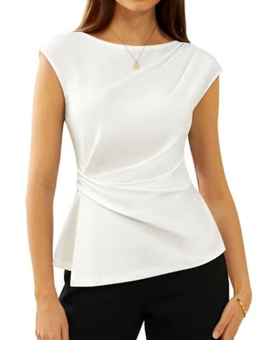 GRACE KARIN Womens 2026 Spring Short Sleeve Tops, Dressy Casual Peplum Shirts Outfit, Tunic Blouses Trendy Fashion Clothes White M