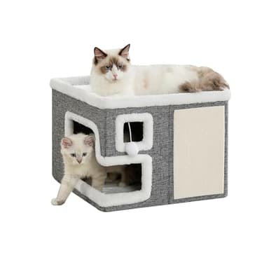 Crispedia Cat Houses for Indoor Cats, Covered Cave Bed with Scratch Pad and Fluffy Ball, Foldable Cat Hideaway Condo for Large Cats, Modern Kitten Bed,16.5x16.5x13 inches (Grey, Large)