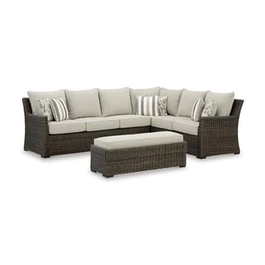 Signature Design by Ashley Brook Ranch Casual Nuvella Weather Resistant Fabric Right Hand Facing Outdoor Sofa Sectional/Bench with Cushion and 6 Throw Pillows, Set of 3, Beige & Dark Brown