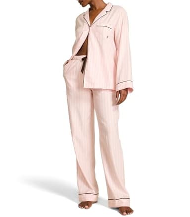 Victoria's Secret Flannel Pajamas, Long Sleeve Button Down & Pant Set, Sleepwear for Women, Pink Iconic Stripe, L