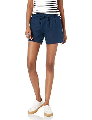 Amazon Essentials Women's 5" Inseam Drawstring Elastic Waist Linen Blend Summer Shorts, Dark Blue, X-Large