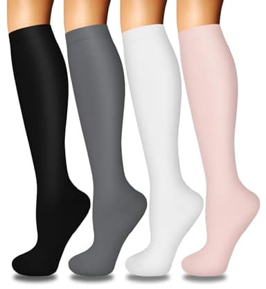4 Pairs Compression Socks for Women Circulation-Best Support for Nurses,Running,Athletic,Travel ,Hiking,Yoga,Gym,Basketball,Baseball,Football, Soccer,White,Pink Knee High Sock L-XL