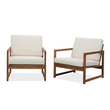 VICTORY RELAX Comfortable Acacia Wood Outdoor Chair Set of 2 with Cushion- Natural Color Patio Furniture for Relaxing, Reading & Seating - Durable - Indoor/Outdoor Use - 31x27x27 Inch