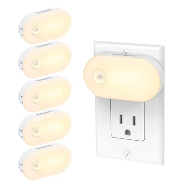 Lyridz 120LM Ultra Bright Plug-in Motion Sensor Night Light, Stepless Dimmable LED Nightlight, Always-On and Auto-Off, for Hallway, Stairs, Bathroom, Bedroom, Garage, Warm White (6-Pack)
