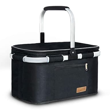 LIQING 35L Large Picnic Basket 2 Layers of Internal Pockets Leak-Proof and Insulated ,Folding with Internal Support for enhansed Stability, Wedding Gifts for Couple(Black)