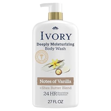 Ivory Body Wash, Deeply Moisturizing, 24hr Nourishing Hydration, Soothes Itchy Dry Skin, Made with Shea Butter Blend, Free of Dyes Heavy Perfumes Parabens & Phthalates, Vanilla Scent, 27 oz