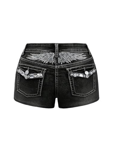 Milumia Women's Y2k Rhinestone Denim Shorts Punk Skinny Mini Jean Shorts Rave Music Festival Outfits Black Large