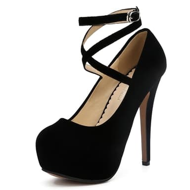 Women's Platform High Heel Pumps with Criss Cross Ankle Strap, 5.5 Inch Stiletto Heel, 1.6 Inch Platform Black Velvet 39 - US 7.5