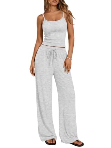 Trendy Queen Women's 2 Piece Lounge Sets Summer Outfits Matching Airport Camisole Tops Wide Leg Pants Fall Tracksuits 2026 Oatmeal Grey M