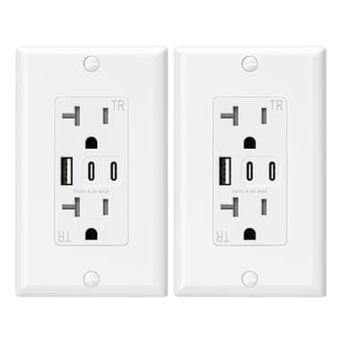 ELEGRP USB Outlets, 20 Amp Wall Outlet with 3 USB Ports, Dual USB C Ports Outlets, TR Tamper-Resistant USB Outlets Receptacles, Wall Plate Included, UL/CUL Listed, 2 Pack, White
