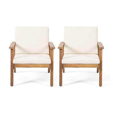 Christopher Knight Home Carlos Outdoor Acacia Wood Club Chairs with Cushions (Set of 2), Brown Patina Finish, Cream