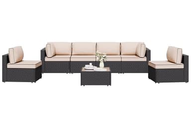 Shintenchi 7 Pieces Outdoor Patio Sectional Sofa Couch, Wicker Furniture Conversation Sets with Washable Cushions & Glass Coffee Table for Garden, Poolside, Backyard (Khaki)