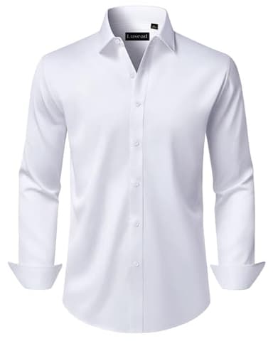 Lusead White Dress Shirts for Men Wedding Wrinkle Free Long Sleeve Stretch Formal Slim Fit Button Down Tuxedo Shirt