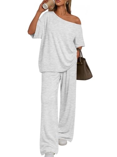 Trendy Queen Womens 2 Piece Lounge Sets Airport Travel Casual Outfits Off Shoulder Oversized Tshirts and Wide Leg Pants Oatmeal Grey M