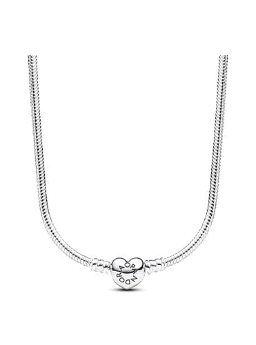 PANDORA Moments Heart Clasp Snake Chain Necklace - Sterling Silver Necklace for Women - PANDORA Moments Jewelry - Gift for Women - Includes Gift Box - 17.7“